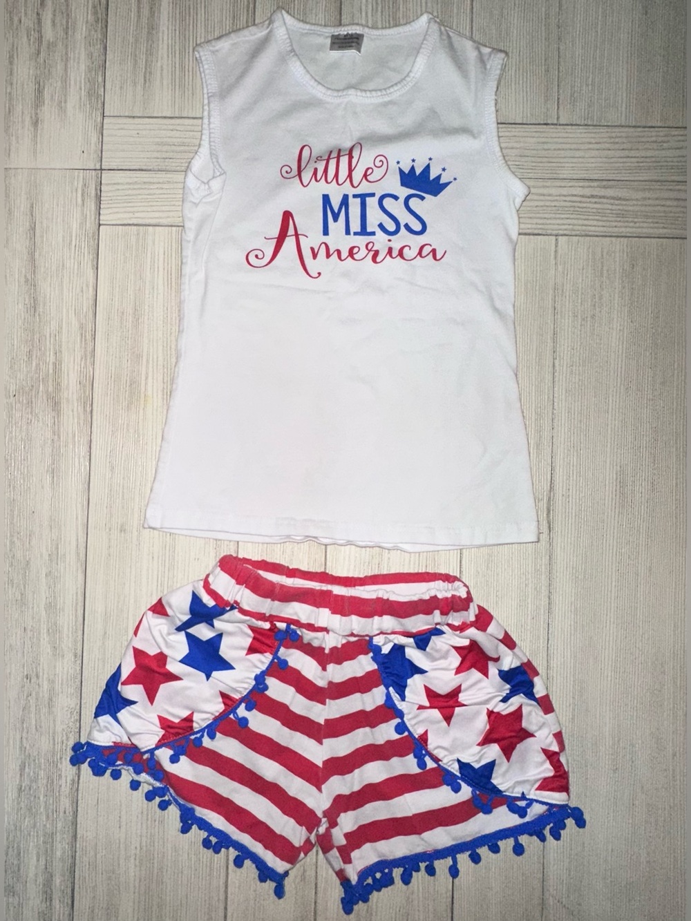 Girls Short Set - Little Miss America White Tank & Red-White-Blue Star Shorts